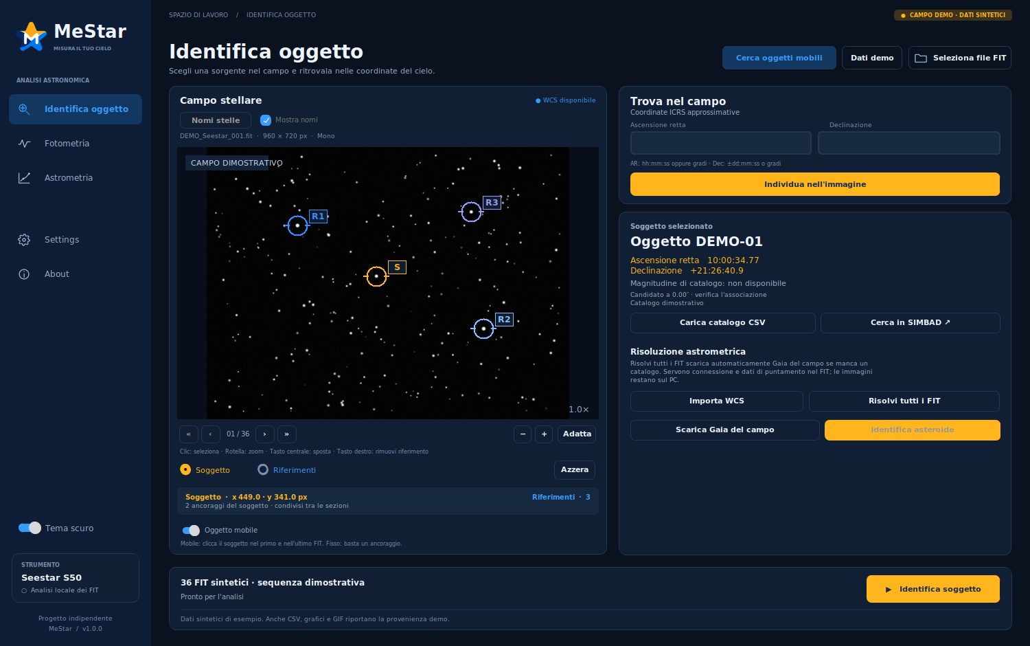 MeStar 1.0.0 at first launch, with the Italian interface and Settings in the left sidebar.