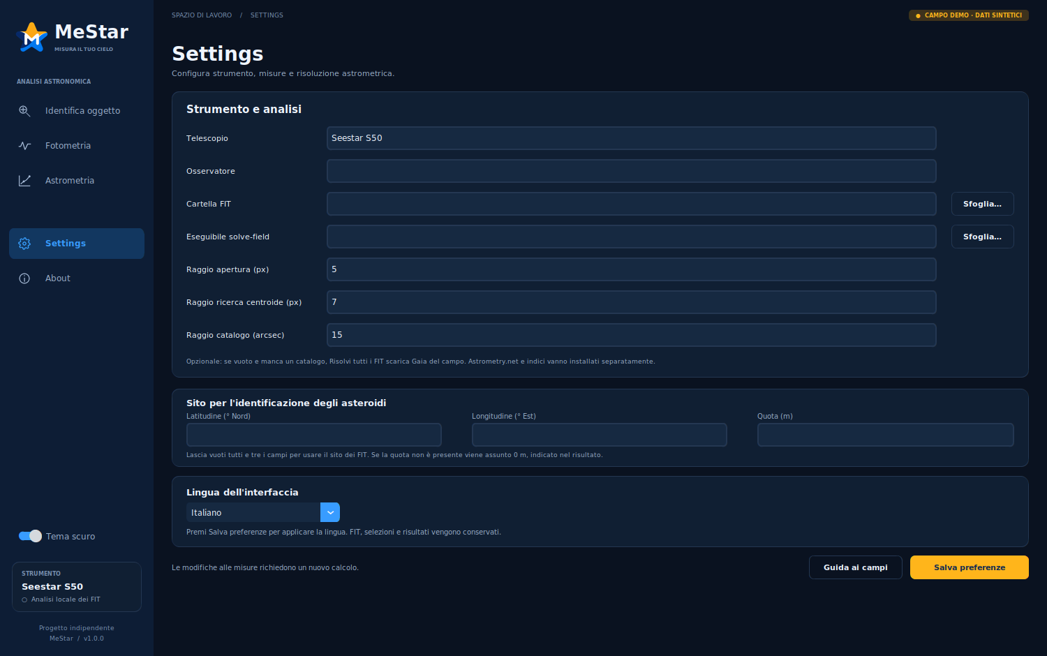 The Italian Settings page, showing Lingua dell'interfaccia near the bottom and the yellow Salva preferenze button.