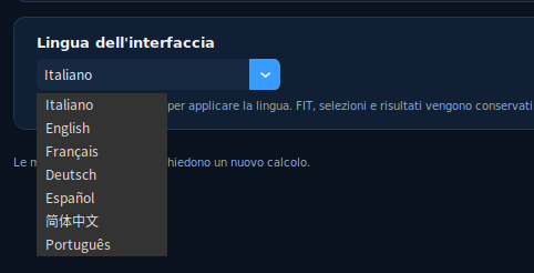 The expanded language menu in MeStar 1.0.0, listing all seven available languages.