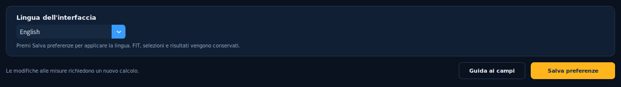 English selected while the interface is still in Italian; Salva preferenze is the yellow button on the right.