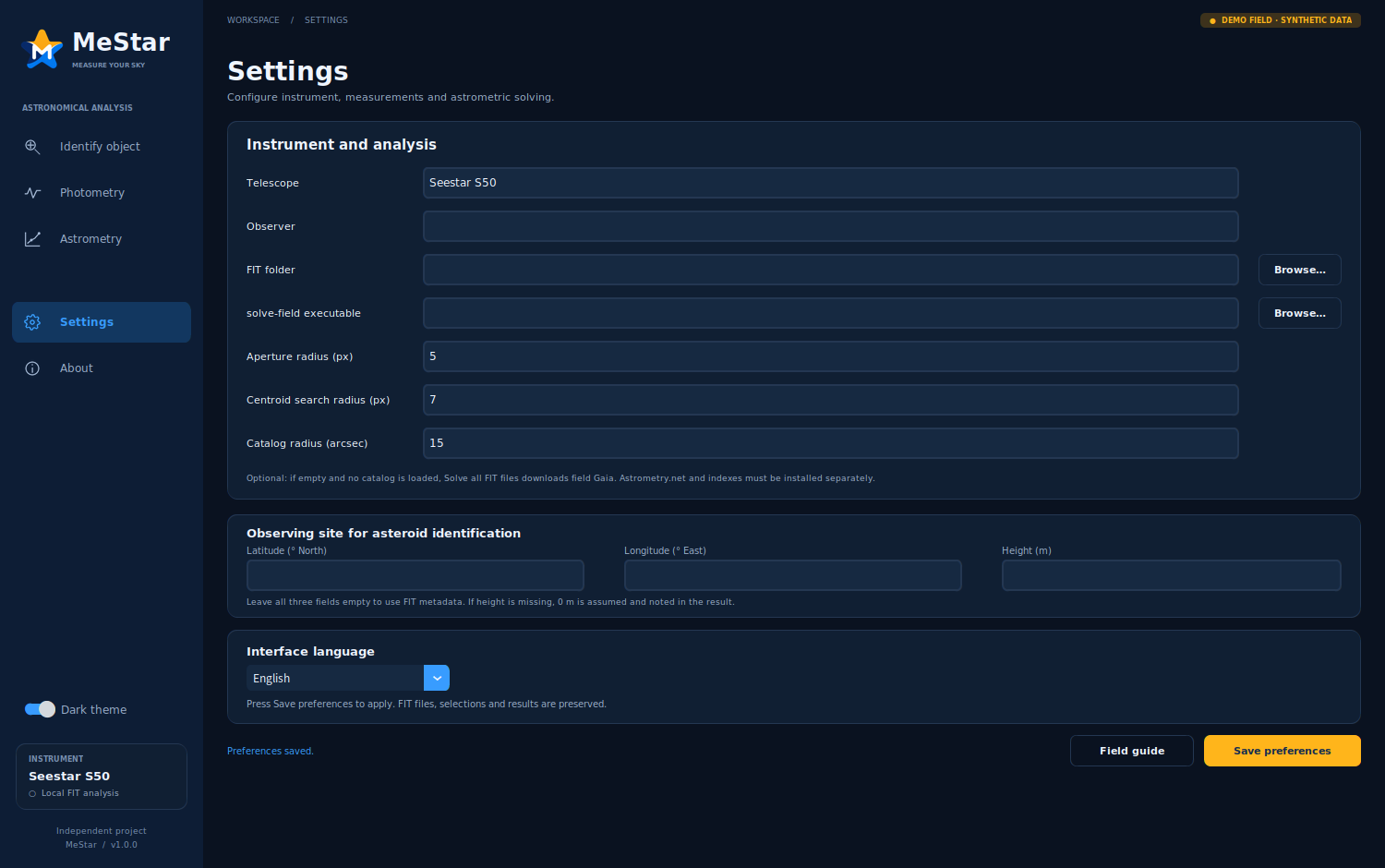 The English Settings page after saving, with Interface language set to English and the Preferences saved confirmation visible.